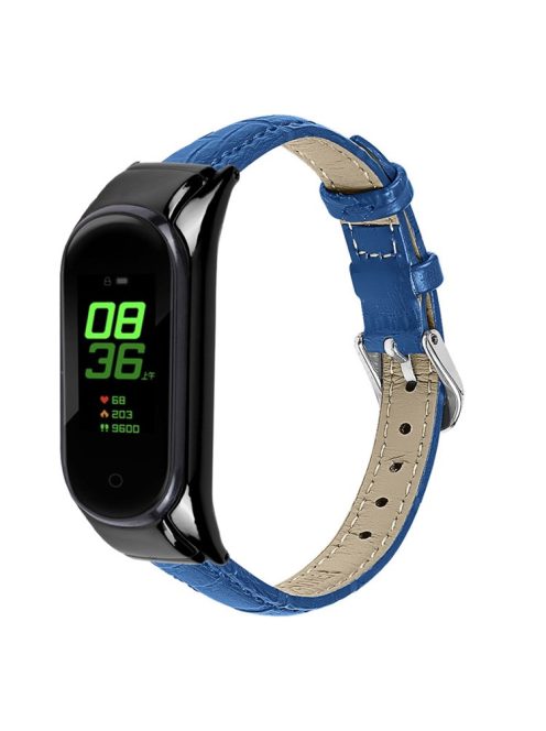 For Xiaomi Mi Band 7 Top Layer Cowhide Leather Bamboo Grain Watch Band with Anti-fall Black Watch Cover - Blue