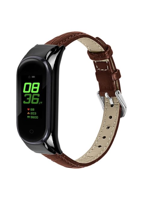 For Xiaomi Mi Band 7 Top Layer Cowhide Leather Bamboo Grain Watch Band with Anti-fall Black Watch Cover - Brown