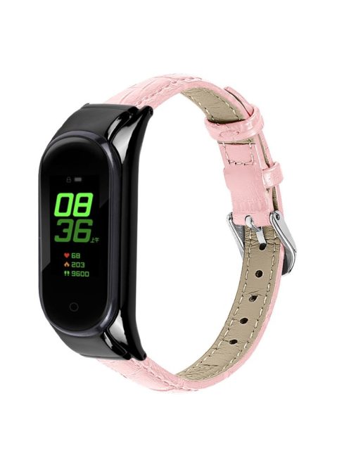 For Xiaomi Mi Band 7 Top Layer Cowhide Leather Bamboo Grain Watch Band with Anti-fall Black Watch Cover - Pink