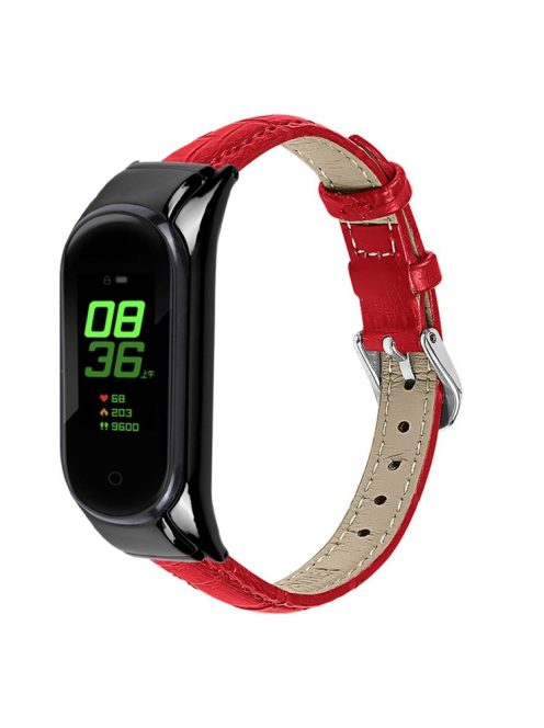 For Xiaomi Mi Band 7 Top Layer Cowhide Leather Bamboo Grain Watch Band with Anti-fall Black Watch Cover - Red