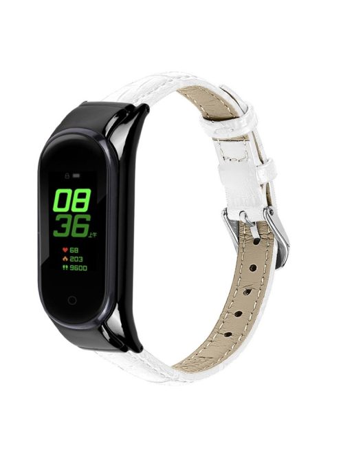 For Xiaomi Mi Band 7 Top Layer Cowhide Leather Bamboo Grain Watch Band with Anti-fall Black Watch Cover - White