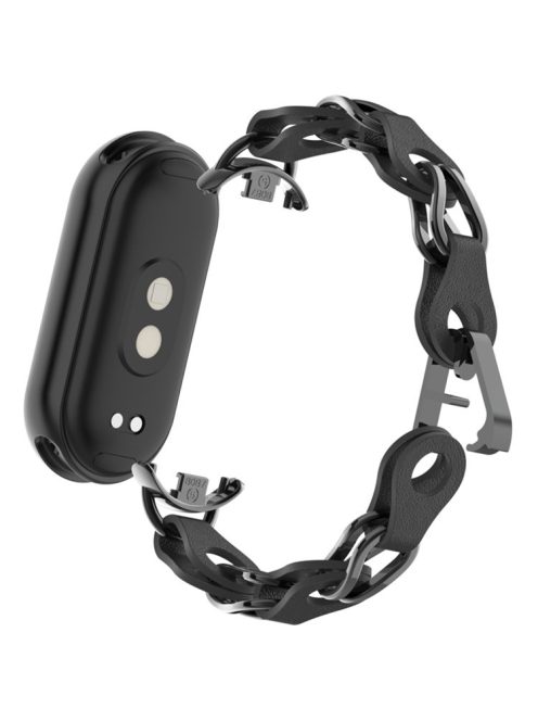 For Xiaomi Mi Band 9  /  Smart Band 8 Watch Band Fashion Hollow Out Zinc Alloy + Leather Chain Strap - Black