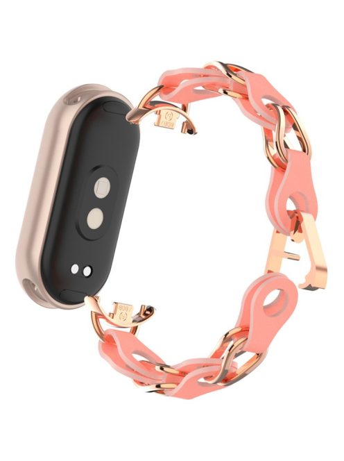 For Xiaomi Mi Band 9  /  Smart Band 8 Watch Band Fashion Hollow Out Zinc Alloy + Leather Chain Strap - Peach Red