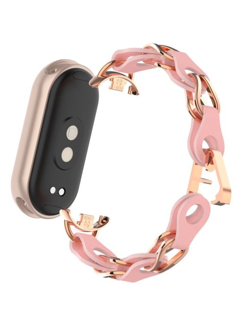 For Xiaomi Mi Band 9  /  Smart Band 8 Watch Band Fashion Hollow Out Zinc Alloy + Leather Chain Strap - Pink