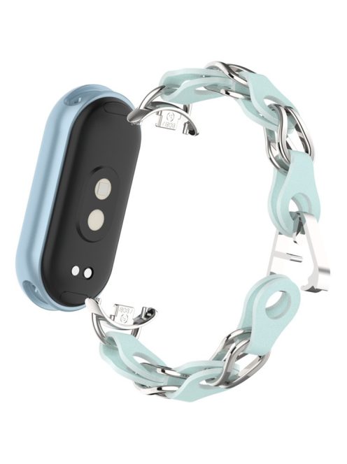 For Xiaomi Mi Band 9  /  Smart Band 8 Watch Band Fashion Hollow Out Zinc Alloy + Leather Chain Strap - Sky Blue