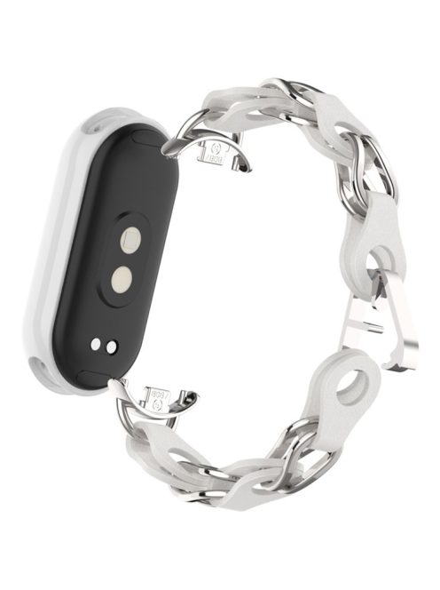 For Xiaomi Mi Band 9  /  Smart Band 8 Watch Band Fashion Hollow Out Zinc Alloy + Leather Chain Strap - White