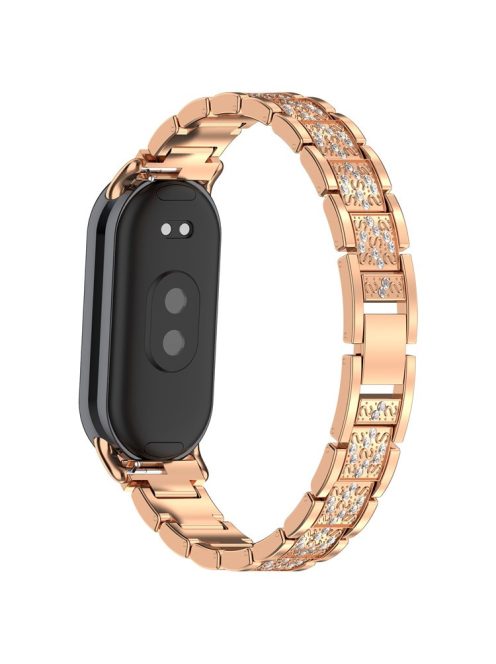 For Xiaomi Mi Band 9 / 9 NFC / Smart Band 8 / 8 NFC Watch Strap Rhinestone Decor 3-Bead Stainless Steel Band - Rose Gold