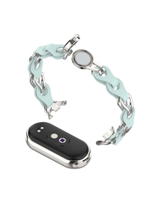 For Xiaomi Mi Band 9 NFC / Mi Band 9 / Smart Band 8 NFC / Smart Band 8 Watch Band Genuine Cow Leather+Aluminum Alloy Chain Bracelet - Blue