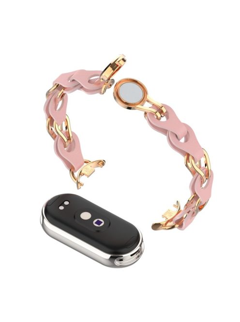 For Xiaomi Mi Band 9 NFC / Mi Band 9 / Smart Band 8 NFC / Smart Band 8 Watch Band Genuine Cow Leather+Aluminum Alloy Chain Bracelet - Pink