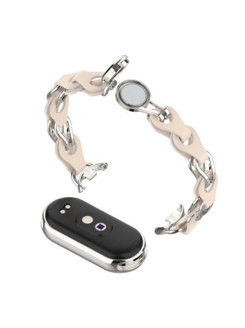 For Xiaomi Mi Band 9 NFC / Mi Band 9 / Smart Band 8 NFC / Smart Band 8 Watch Band Genuine Cow Leather+Aluminum Alloy Chain Bracelet - Starlight