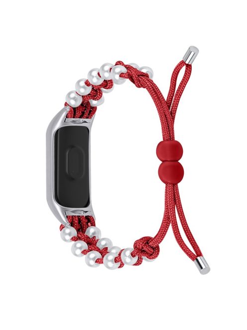 For Xiaomi Mi Band 9 NFC / Mi Band 9 / Smart Band 8 NFC / Smart Band 8 Watch Band Pearl Decor Nylon Braided Wrist Strap - Red