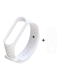   For Xiaomi Mi Smart Band 4 / Mi Band 3 3D Diamond Texture Adjustable Soft Silicone Wrist Watch Band + Full Covering TPU Screen Film - White