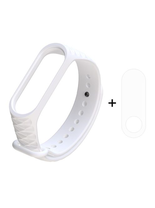 For Xiaomi Mi Smart Band 4 / Mi Band 3 3D Diamond Texture Adjustable Soft Silicone Wrist Watch Band + Full Covering TPU Screen Film - White