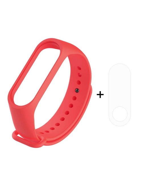 For Xiaomi Mi Smart Band 4 / Mi Band 3 Adjustable Soft Silicone Watch Band Strap + Full Covering TPU Screen Protector - Red