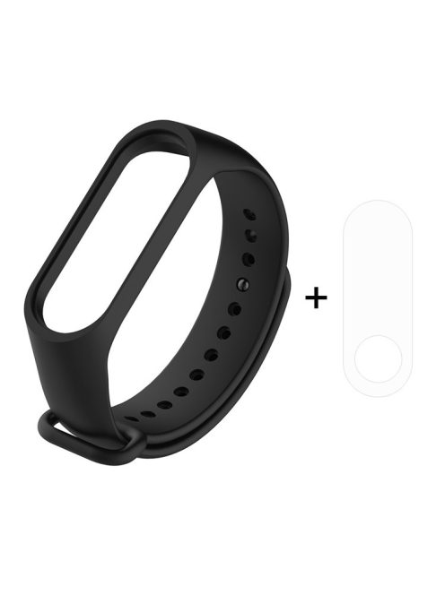 For Xiaomi Mi Smart Band 4 / Mi Band 3 Adjustable Soft Silicone Wrist Watch Strap + Full Covering TPU Screen Protector - Black