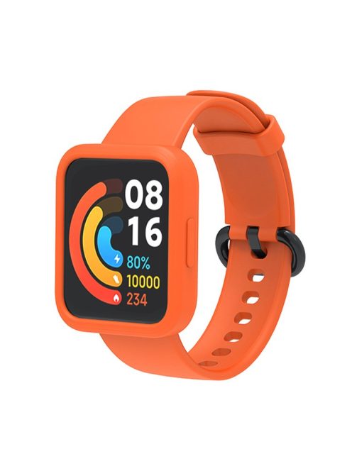 For Xiaomi Redmi Watch 2/Redmi Watch 2 Lite Solid Color Silicone Watch Band Strap + Drop-proof Watch Case - Orange/Black/Orange