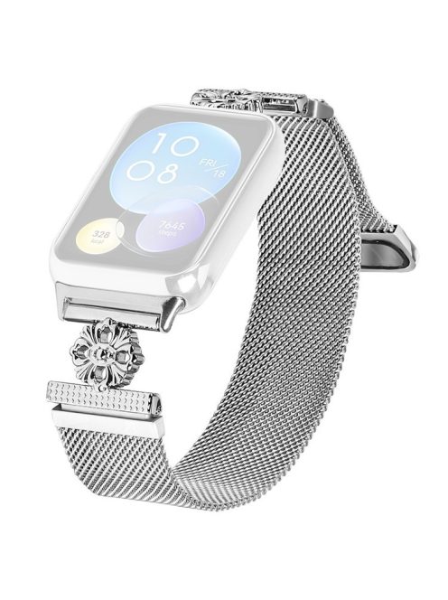 For Xiaomi Redmi Watch 4 Milanese Band Flower Stainless Steel Magnetic Mesh Watch Strap - Silver