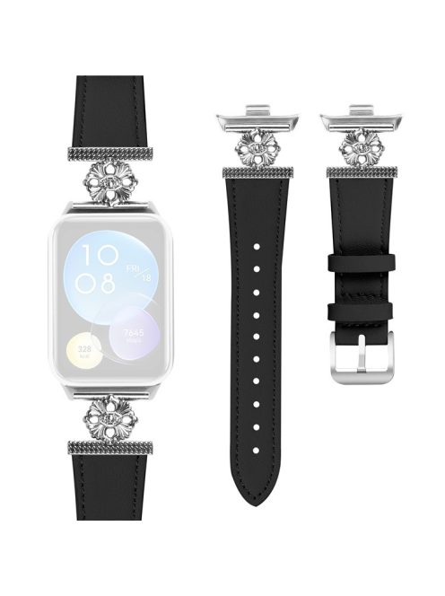 For Xiaomi Redmi Watch 4 Watch Band Genuine Cow Leather Flower Decor Adjustable Strap - Black