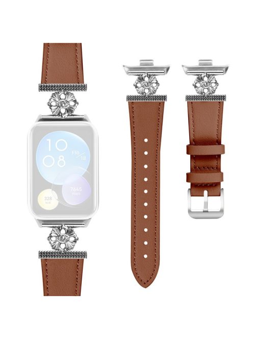 For Xiaomi Redmi Watch 4 Watch Band Genuine Cow Leather Flower Decor Adjustable Strap - Brown