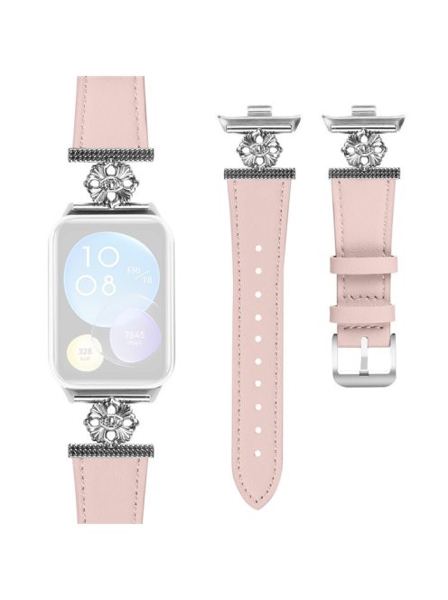 For Xiaomi Redmi Watch 4 Watch Band Genuine Cow Leather Flower Decor Adjustable Strap - Pink