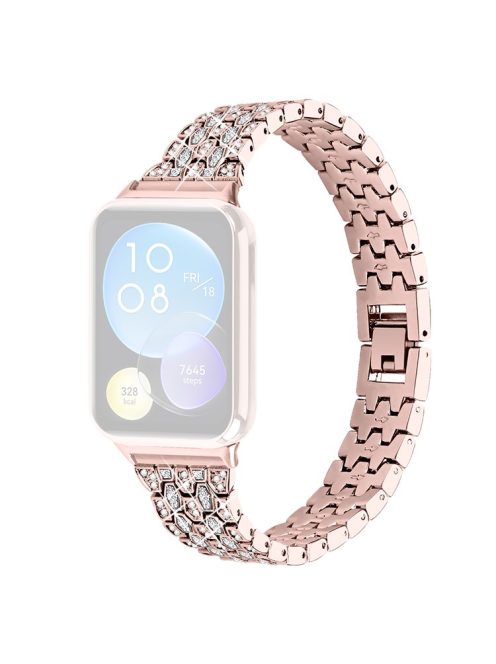 For Xiaomi Smart Band 8 Pro 3 Rows Rhinestone Zinc Alloy Watch Band Women Replacement Strap - Pink Gold+Transparent