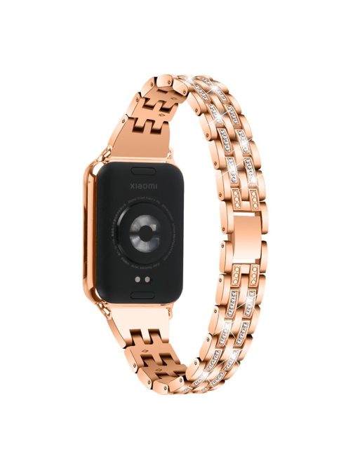 For Xiaomi Smart Band 8 Pro Metal Watch Strap 2-Row Rhinestone 5-Bead Watchband - Rose Gold