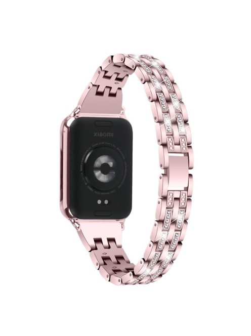 For Xiaomi Smart Band 8 Pro Metal Watch Strap 2-Row Rhinestone 5-Bead Watchband - Rose Pink