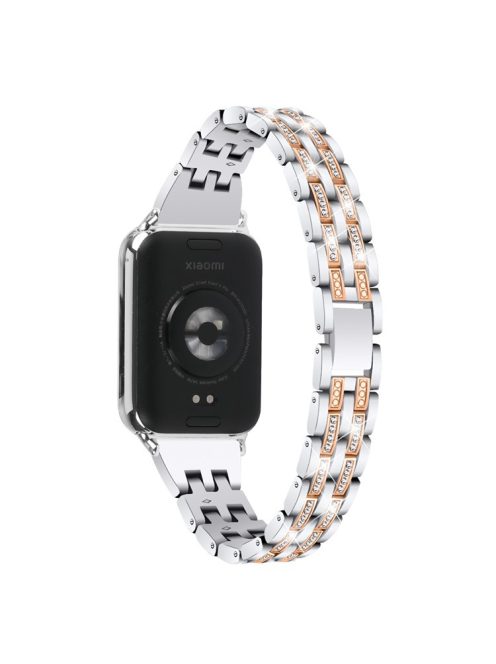 For Xiaomi Smart Band 8 Pro Metal Watch Strap 2-Row Rhinestone 5-Bead Watchband - Silver+Rose Gold