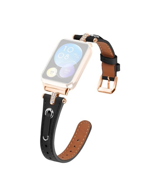 For Xiaomi Smart Band 8 Pro Rhinestone Genuine Cow Leather Watch Strap (Rose Gold Buckle) - Black