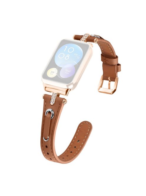 For Xiaomi Smart Band 8 Pro Rhinestone Genuine Cow Leather Watch Strap (Rose Gold Buckle) - Brown