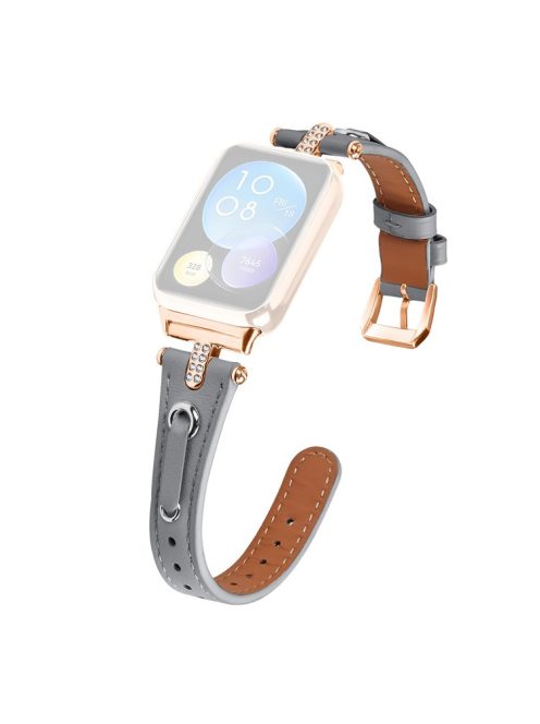 For Xiaomi Smart Band 8 Pro Rhinestone Genuine Cow Leather Watch Strap (Rose Gold Buckle) - Grey