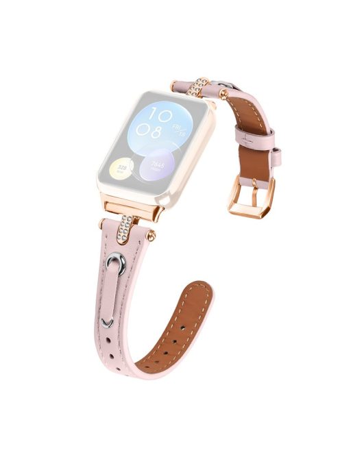 For Xiaomi Smart Band 8 Pro Rhinestone Genuine Cow Leather Watch Strap (Rose Gold Buckle) - Pink