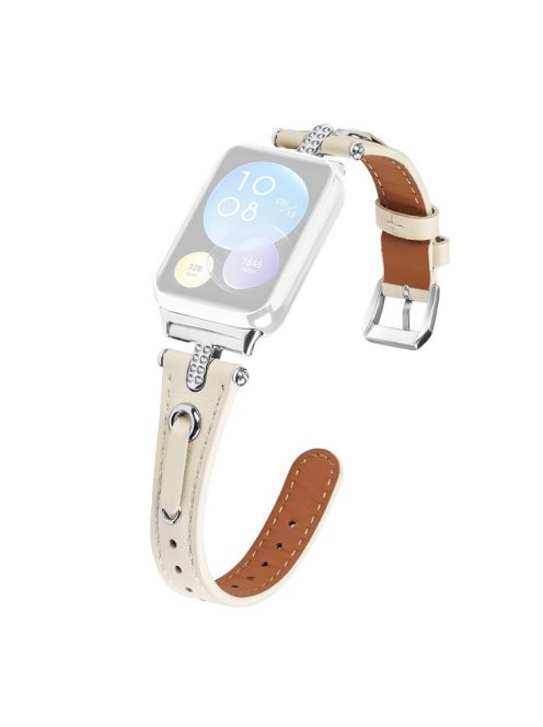 For Xiaomi Smart Band 8 Pro Slim Strap Rhinestone Genuine Cow Leather Watch Band (Silver Buckle) - Apricot