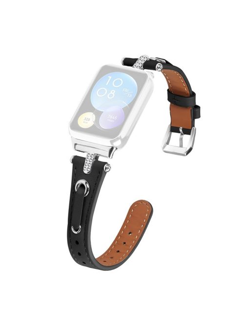 For Xiaomi Smart Band 8 Pro Slim Strap Rhinestone Genuine Cow Leather Watch Band (Silver Buckle) - Black