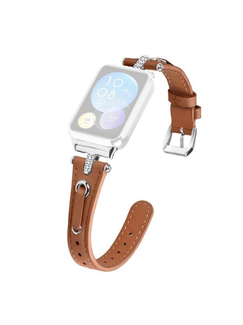 For Xiaomi Smart Band 8 Pro Slim Strap Rhinestone Genuine Cow Leather Watch Band (Silver Buckle) - Brown