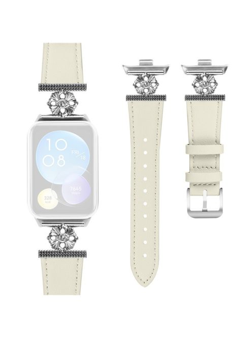 For Xiaomi Smart Band 8 Pro Watch Band Genuine Cow Leather Flower Decor Adjustable Strap - White