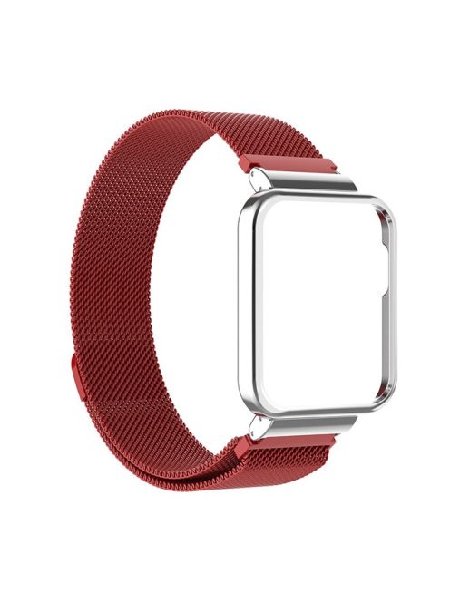 Magnetic Closure Freely-Adjusted Stainless Steel Watchband Wrist Strap + Watch Protector Case for Xiaomi Redmi Watch 2 - Red/Silver Frame