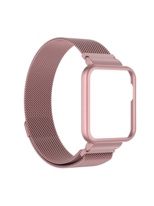 Magnetic Closure Freely-Adjusted Stainless Steel Watchband Wrist Strap + Watch Protector Case for Xiaomi Redmi Watch 2 - Rose Pink