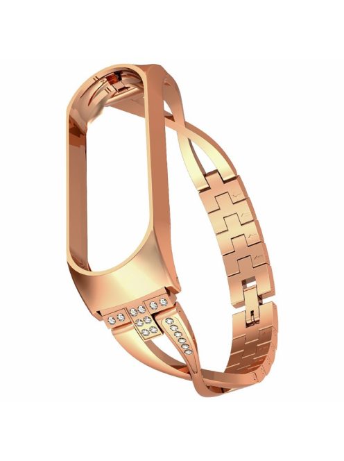 Metal Watch Strap with Diamond Decor X-shaped Steel Strap Replacement for Xiaomi Mi Band 4/3 - Rose Gold