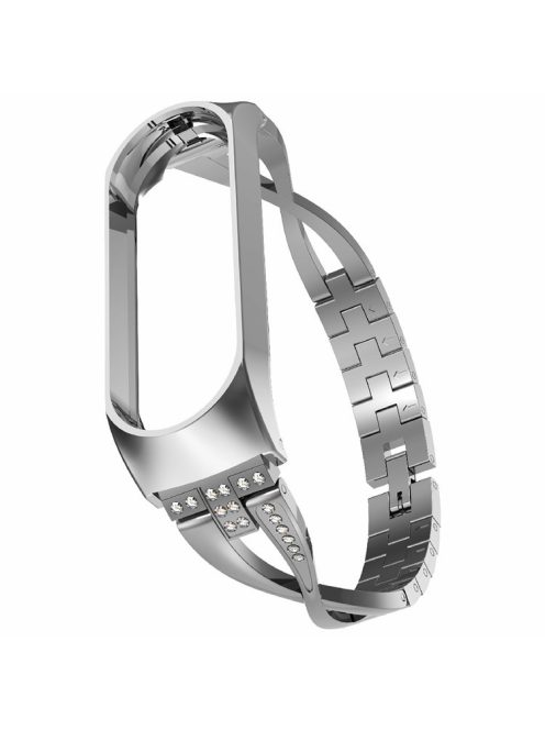 Metal Watch Strap with Diamond Decor X-shaped Steel Strap Replacement for Xiaomi Mi Band 4/3 - Silver