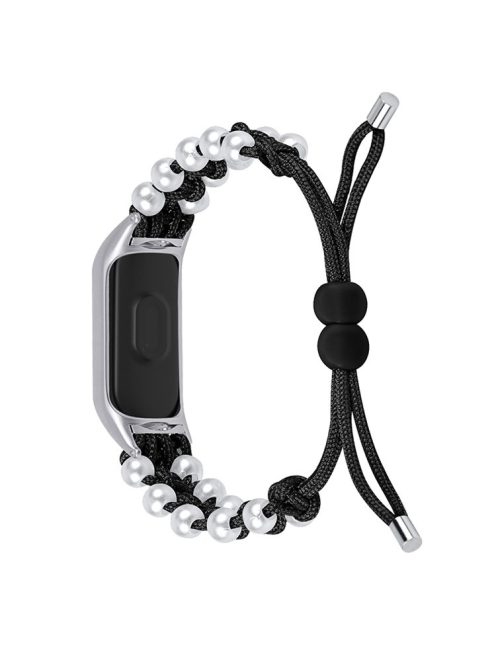 Pearl Decor Adjustable Braided Rope Replacement Watchband Smart Watch Wrist Strap for Xiaomi Mi Band 5/6 - Black