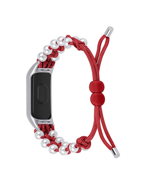 Pearl Decor Adjustable Braided Rope Replacement Watchband Smart Watch Wrist Strap for Xiaomi Mi Band 5/6 - Red