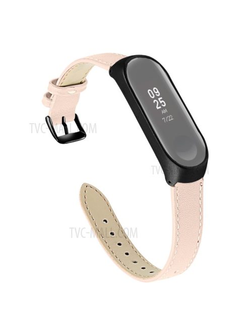 Quality Genuine Leather Watch Band Strap [Black Frame] for Xiaomi Mi Band 5 - Apricot