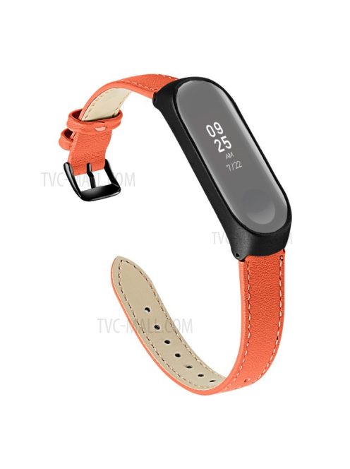 Quality Genuine Leather Watch Band Strap [Black Frame] for Xiaomi Mi Band 5 - Orange