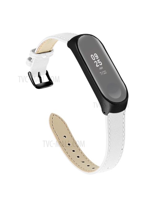 Quality Genuine Leather Watch Band Strap [Black Frame] for Xiaomi Mi Band 5 - White