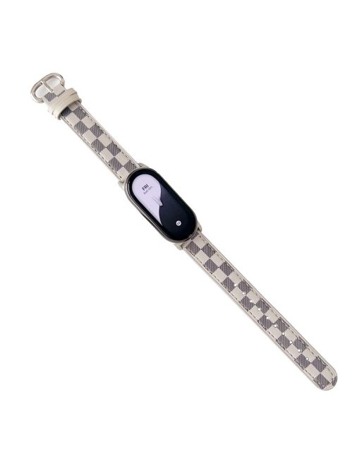 Replacement Watch Band for Xiaomi Mi Band 9 NFC / Mi Band 9 / Smart Band 8 NFC / Smart Band 8 Genuine Cow Leather Grids Pattern Watch Strap - White