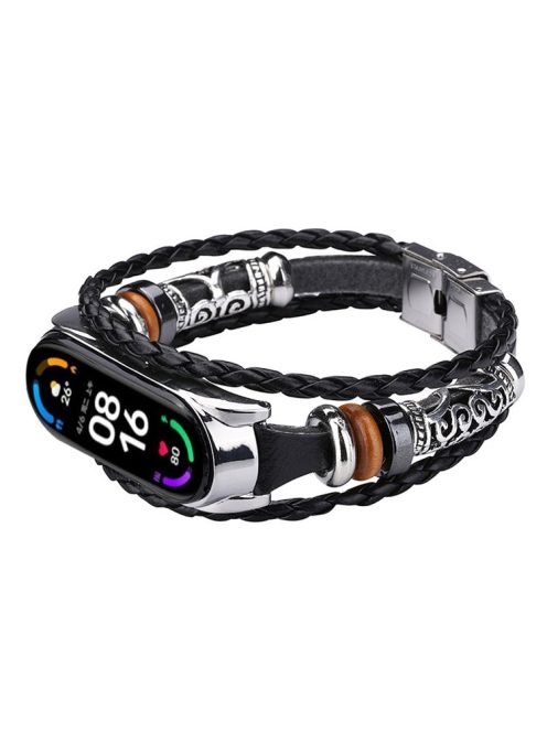 Retro Ethnic Style Smart Watch Wrist Band Strap Beaded Bracelet for Xiaomi Mi Band 5/6 - Black/Silver