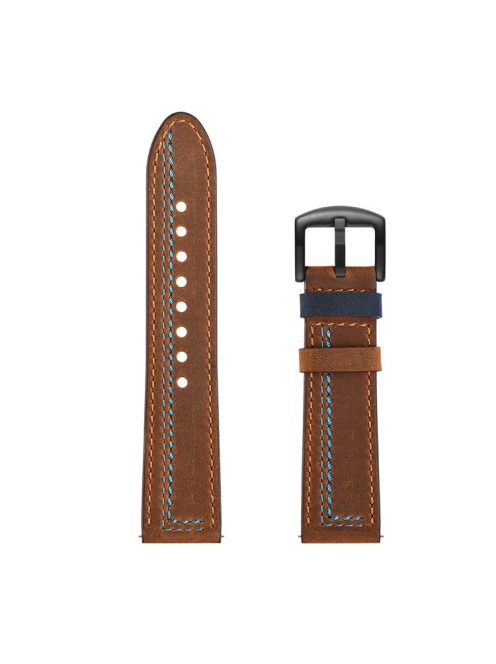 22MM 7-shaped Stitches Genuine Leather Watch Strap for Huawei Watch GT/Samsung Galaxy Watch 46mm - Brown