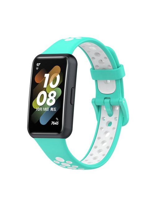 Dual Color Watch Band for Huawei Band 7, Pin Buckle Soft TPU Wrist Strap Replacement - Cyan/White