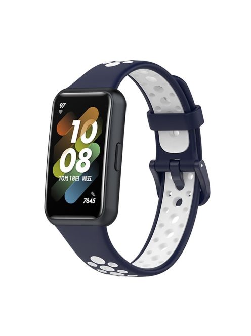 Dual Color Watch Band for Huawei Band 7, Pin Buckle Soft TPU Wrist Strap Replacement - Midnight Blue/White